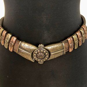 CACHE Dark Leather Bronze embroidery Multi Color METAL HARDWARE 1 1/4" Wide Belt